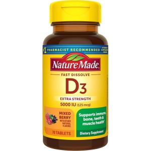 Nature Made Vitamin D3 5000 IU (125 mcg) Extra Strength, Vitamin D Supplement for Immune Support, 70 Sugar Free Fast Dissolve Tablets, 70 Day Supply(70 Count (Pack of 1))