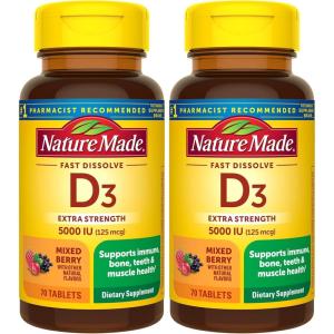 Nature Made Vitamin D3 5000 IU (125 mcg) Extra Strength, Vitamin D Supplement for Immune Support, 70 Sugar Free Fast Dissolve Tablets, 70 Day Supply(70 Count (Pack of 2))