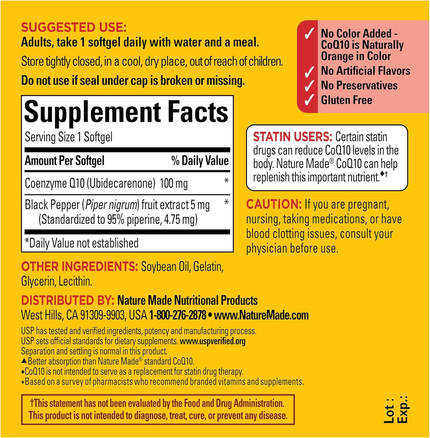 image:imageNature Made CoQ10 100mg with Black Pepper Extract for Enhanced Nutrient Absorption Dietary CoQ10 Supplement for Heart Health Support 30 Softgels 30 Day Supply