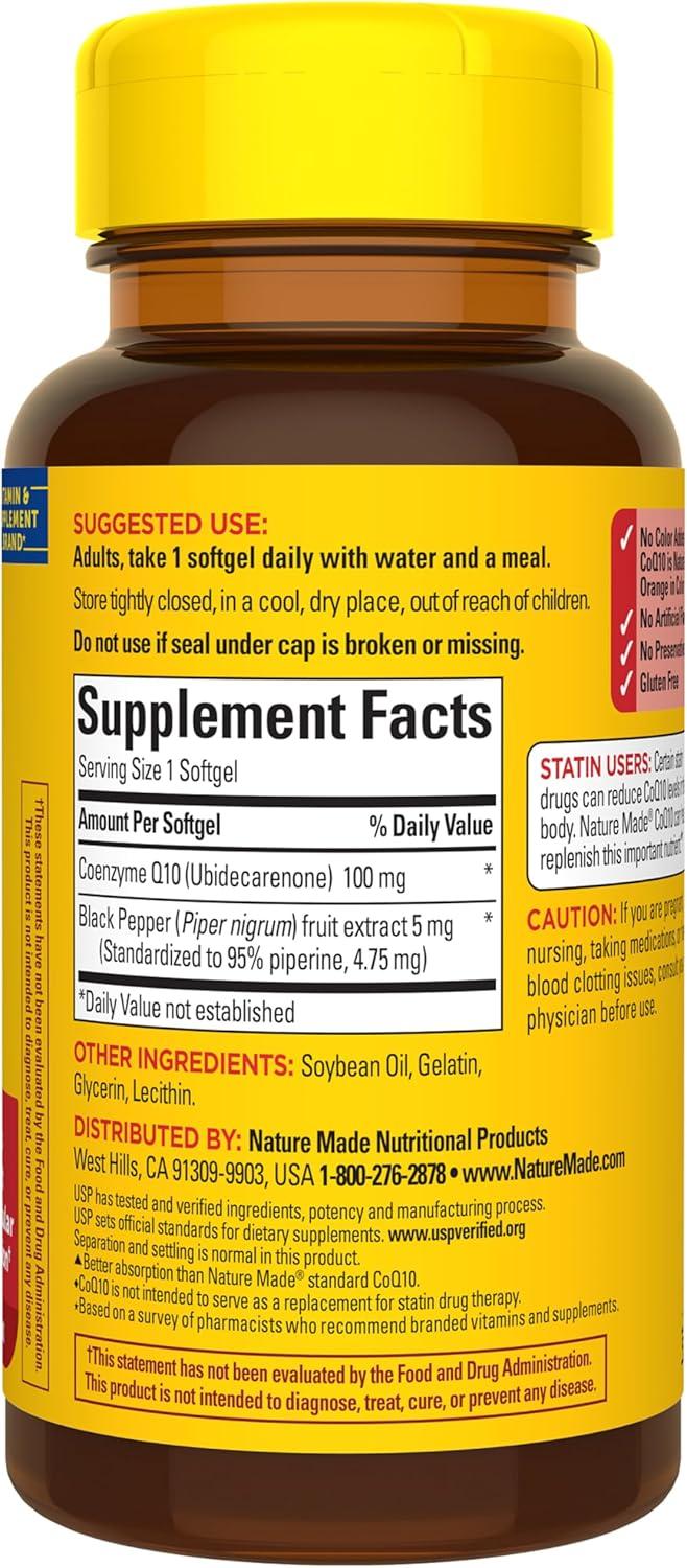 image:imageNature Made CoQ10 100mg with Black Pepper Extract for Enhanced Nutrient Absorption Dietary CoQ10 Supplement for Heart Health Support 30 Softgels 30 Day Supply