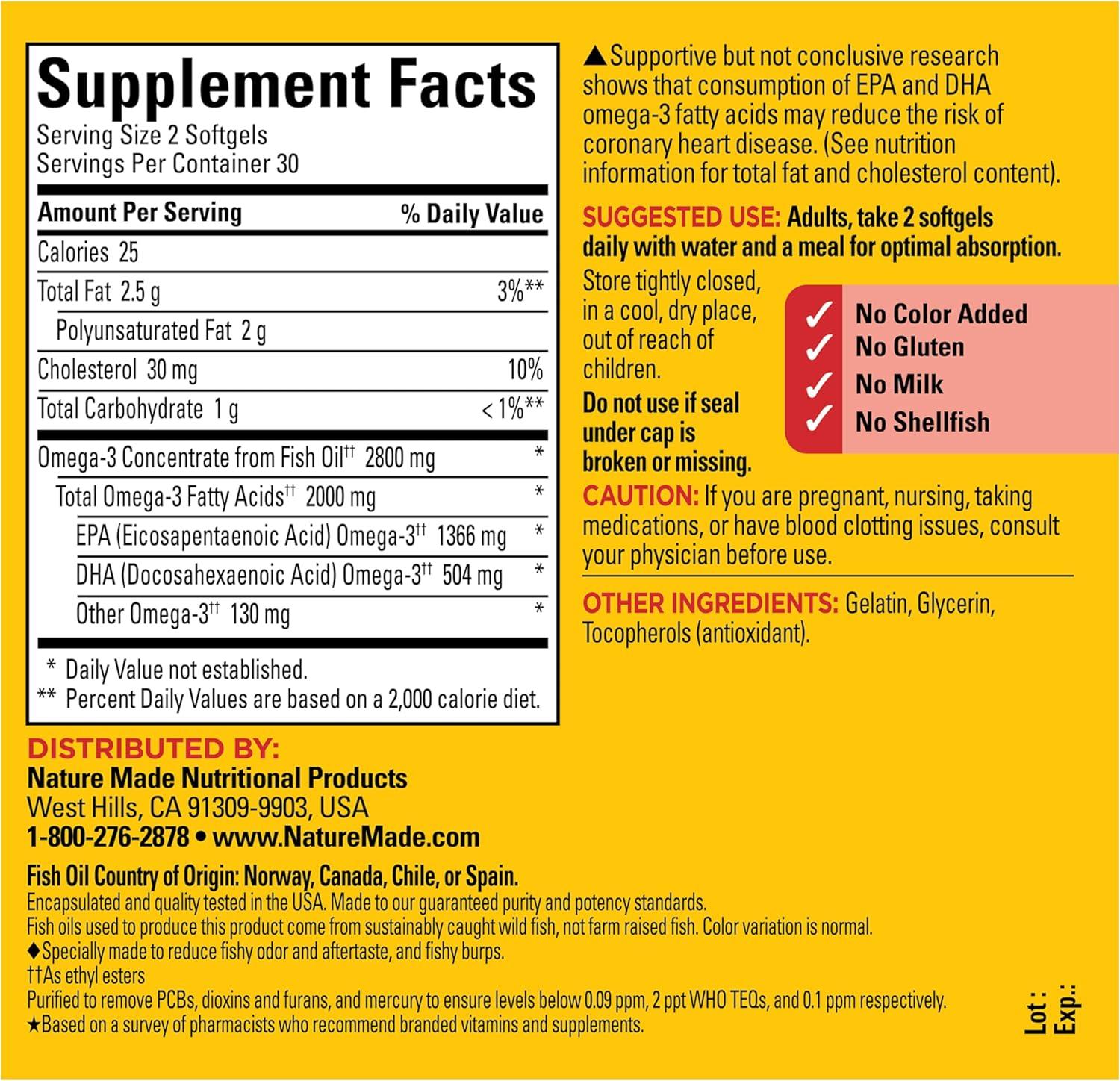 image:imageNature Made Extra Strength Omega 3 Fish Oil Supplements 2800mg Fish Oil Omega 3 Supplements as Ethyl Esters for Healthy Heart Brain Eyes Mood Support 60 Softgels 30 Day Supply
