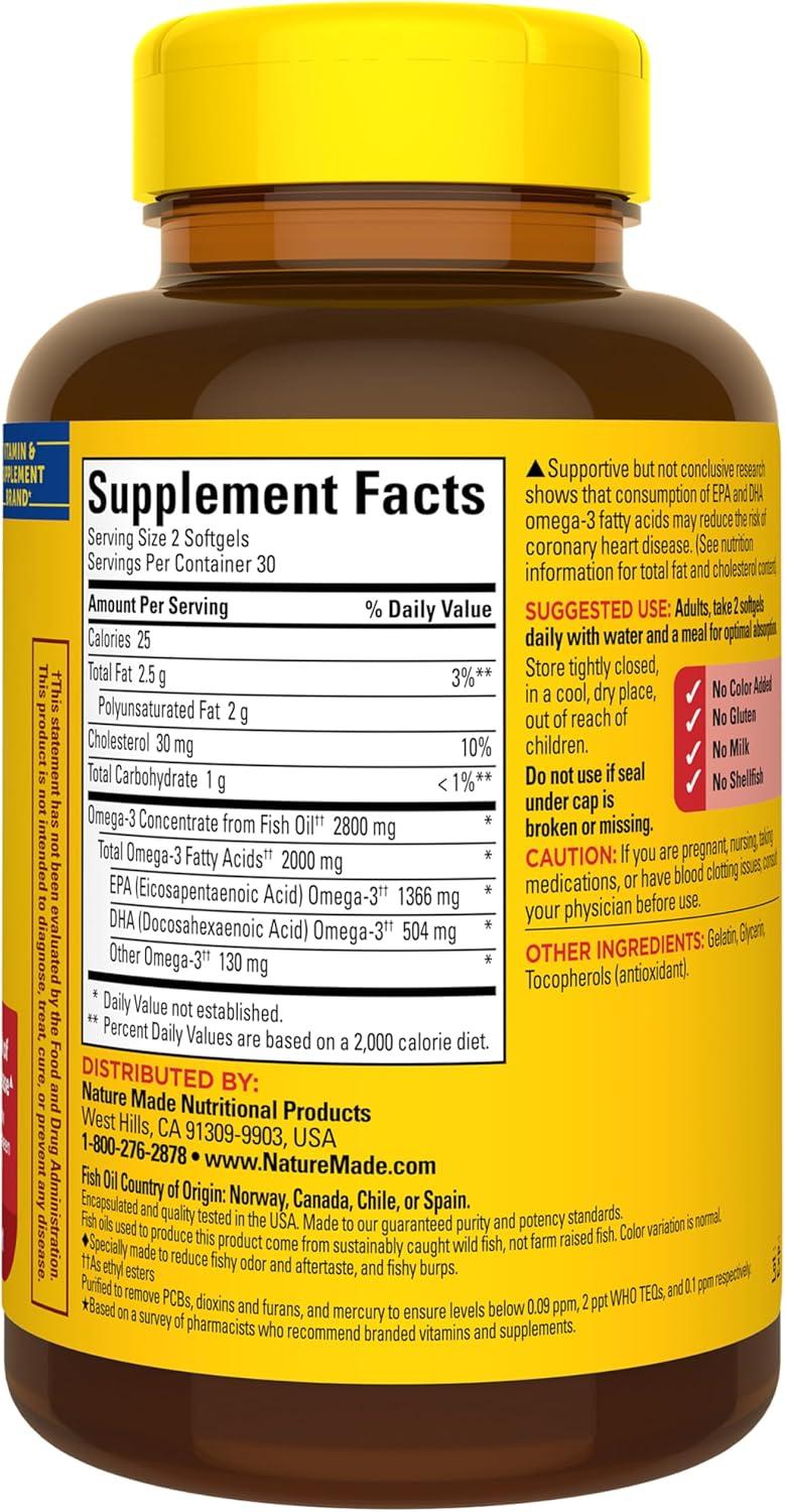 image:imageNature Made Extra Strength Omega 3 Fish Oil Supplements 2800mg Fish Oil Omega 3 Supplements as Ethyl Esters for Healthy Heart Brain Eyes Mood Support 60 Softgels 30 Day Supply