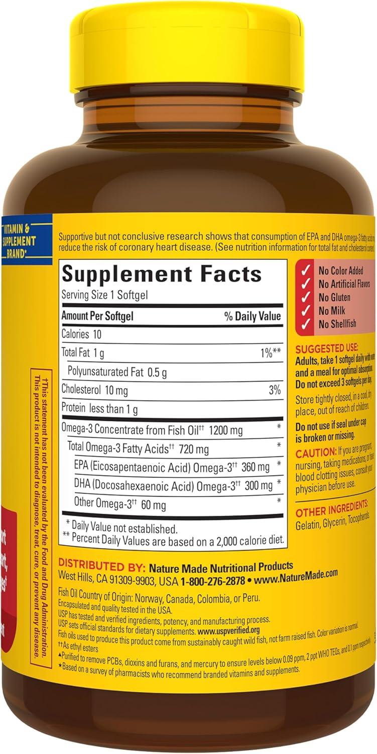 image:imageNature Made Fish Oil Omega 3 Supplements Omega 3 Fish Oil as Ethyl Esters 1200 mg Softgels EPA DHA Supplement for Healthy Heart Brain Eye Support One Per Day 100 Softgels