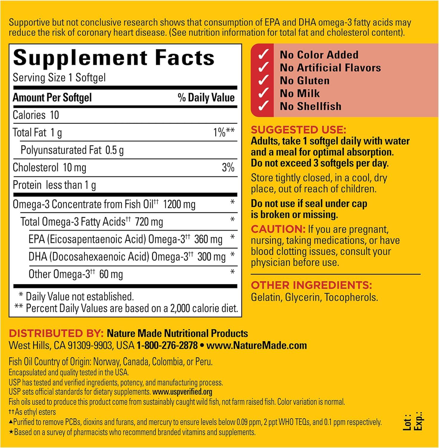 image:imageNature Made Fish Oil Omega 3 Supplements Omega 3 Fish Oil as Ethyl Esters 1200 mg Softgels EPA DHA Supplement for Healthy Heart Brain Eye Support One Per Day 100 Softgels